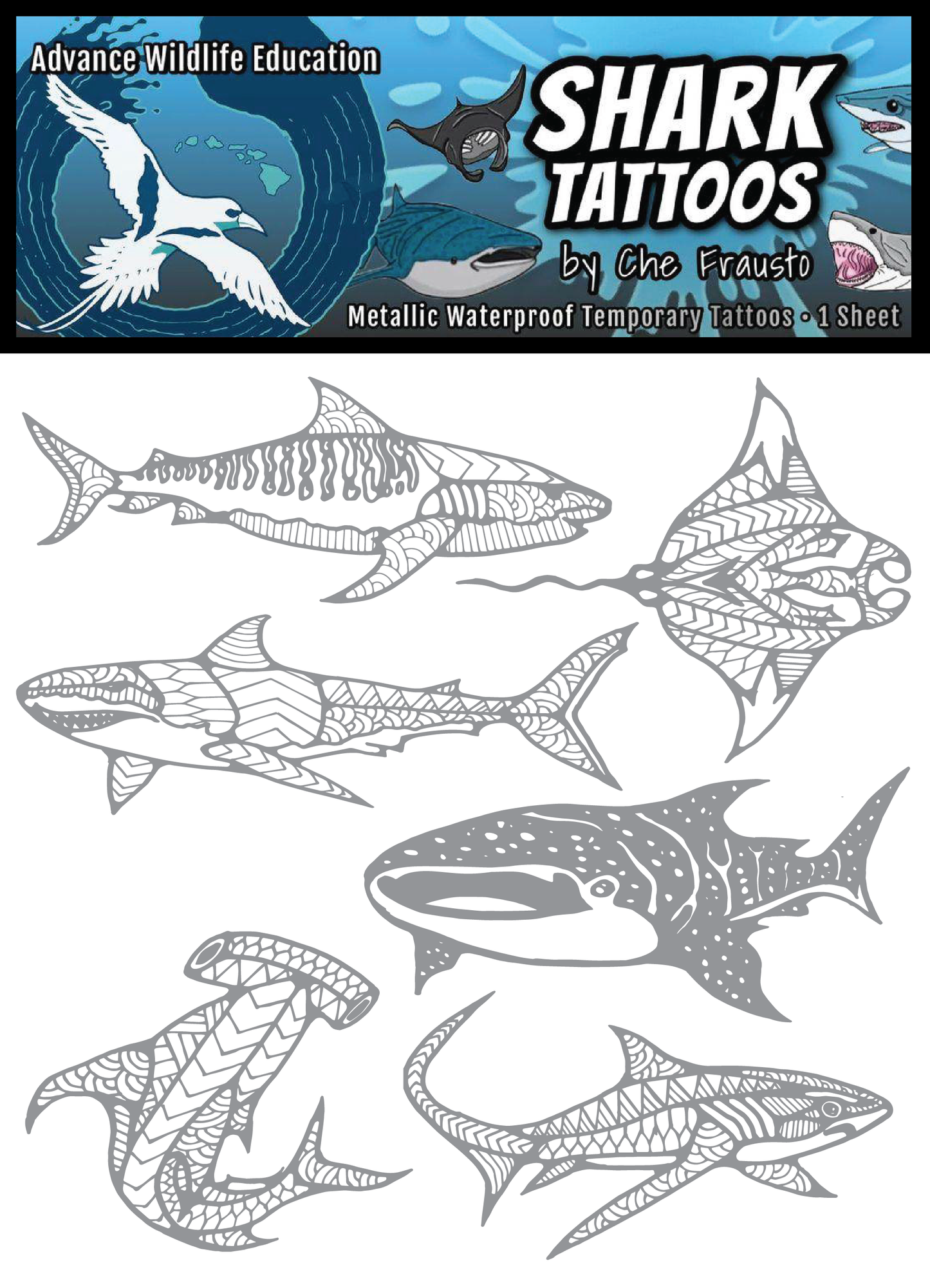 Shark Temporary Tattoos (Silver Metallic)