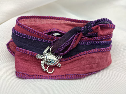 Sea Turtle Cloth Wrap Bracelet (Pink/Purple)